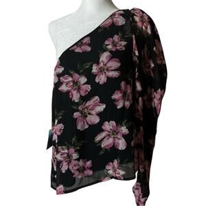 CeCe Floral One-Shoulder Top  Black and Pink Pattern  Sz M NWT
